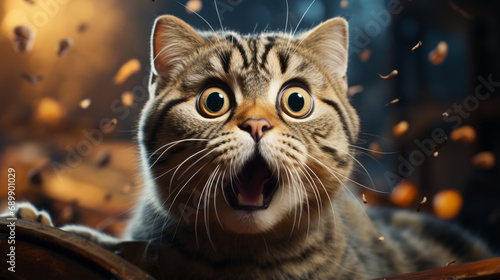 funny short hair cat portrait looking shocked. Young crazy surprised cat make big eyes generative ai photo