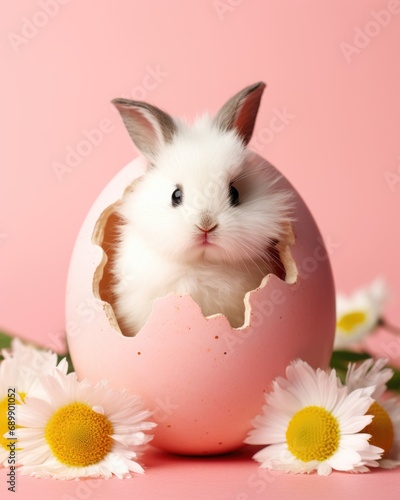 little cute Bunny in an Easter egg among daisies on a pink background © InfiniteStudio