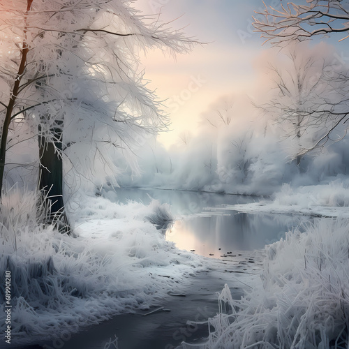 A serene winter landscape with a frozen pond.