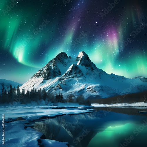 A snowy mountain peak under a spectacular display of the northern lights © Cao