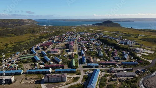 Aerial view of the town of Severo-Kurilsk on Paramushir Island photo
