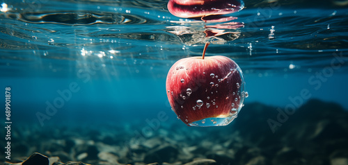 The apple beneath crystal clear blue water, commercial photography, emphasizing rich colors and underwater details.