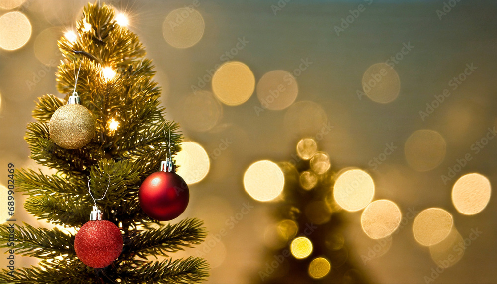 close-up, high-quality, Christmas tree with ornaments and space for text. Excellent for Christmas background