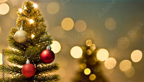close-up  high-quality  Christmas tree with ornaments and space for text. Excellent for Christmas background