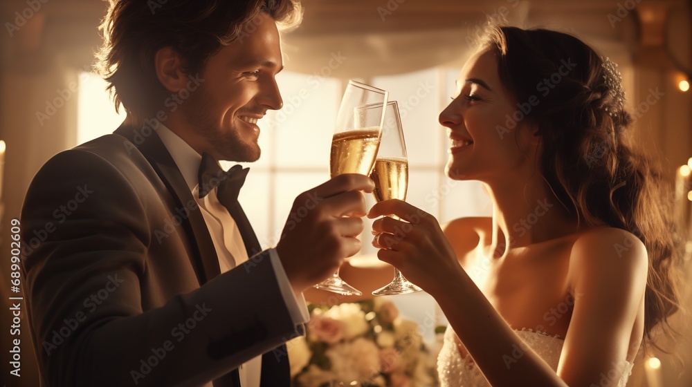 The bride and groom sip champagne, celebrating their wedding in an atmosphere filled with love, creating a joyous and romantic ambiance for their special day. The bride and groom sip champagne, celebrating their wedding in an atmosphere filled with love, creating a joyous and romantic ambiance for their special day.