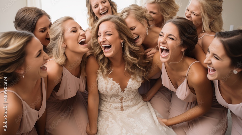Lively, joyous photo of the bride with her bridesmaids, perfectly capturing the fun filled bond and shared happiness between them on this special occasion. Lively, joyous photo of the bride with her bridesmaids, perfectly capturing the fun filled bond and shared happiness between them on this special occasion.