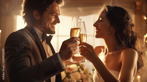 The bride and groom sip champagne, celebrating their wedding in an atmosphere filled with love, creating a joyous and romantic ambiance for their special day.