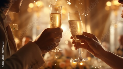 The man and woman joyfully toast with champagne, celebrating an exceptionally special evening, creating a memorable atmosphere filled with love and happiness. photo