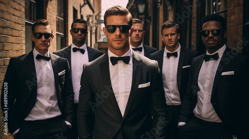 The groom and his groomsmen dressed in elegant suits, presenting a dashing and cohesive look, ready to celebrate and support on this special day.
 photo