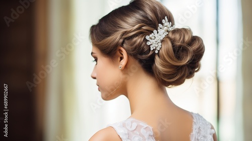 Graceful hair adornments elevate the bride's beauty with elegant accessories, infusing sophistication and charm, culminating in a timeless ensemble that exudes allure and enchantment.