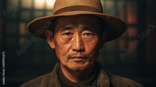 Photorealistic Old Chinese Man with Brown Straight Hair Vintage Illustration. Portrait of a person wearing hat, retro 20s movie style. Retro fashion. Ai Generated Horizontal Illustration.