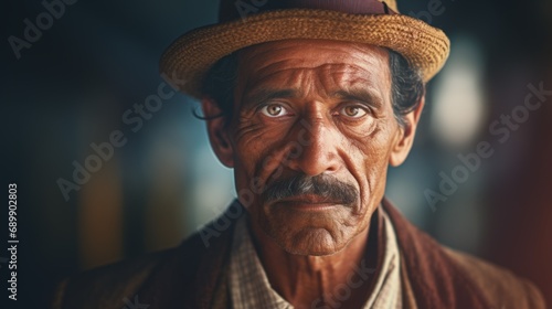Photorealistic Old Indian Man with Brown Curly Hair Vintage Illustration. Portrait of a person wearing hat, retro 20s movie style. Retro fashion. Ai Generated Horizontal Illustration.