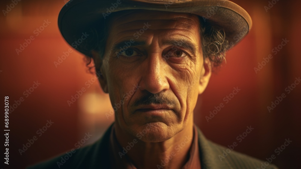 Photorealistic Old Latino Man with Brown Curly Hair Vintage Illustration. Portrait of a person wearing hat, retro 20s movie style. Retro fashion. Ai Generated Horizontal Illustration.