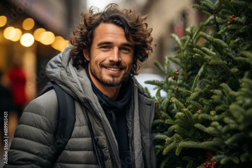 A young man choosing a christmas tree from a market photo
