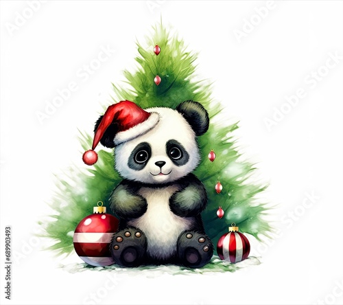 Cute panda in a red hat with gifts near a decorated green Christmas tree. Free white space for copying text. The concept of Christmas and New Year