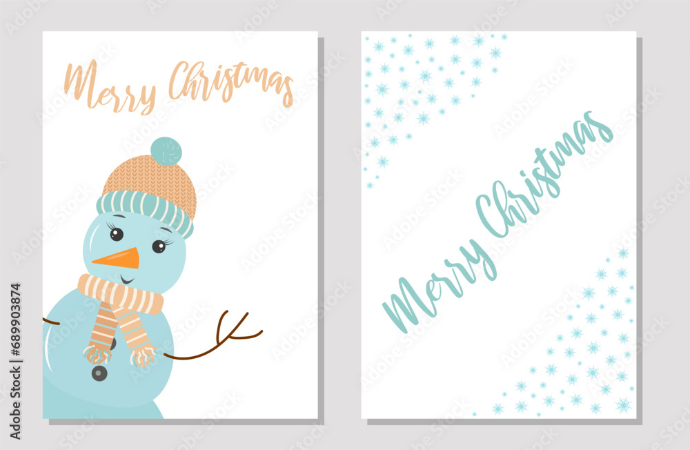 Cute funny snowman Holiday greeting Card template. Snowman in a knitted hat and scarf. Branch arms. Vector illustration. Cute funny snowman Holiday greeting Card template. Snowman in a knitted hat and scarf. Branch arms. Vector illustration.