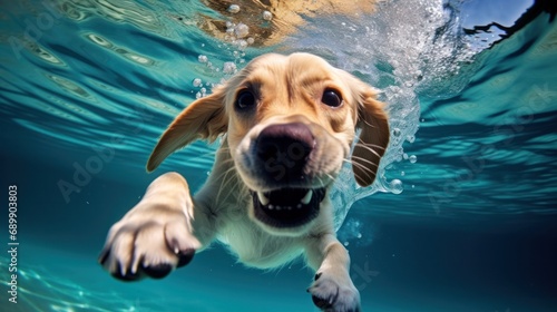 Funny underwater picture of puppies in swimming pool playing deep dive action training game with family pets and popular dog breeds during summer holidays. recreation, relax, generate by AI © pinkrabbit