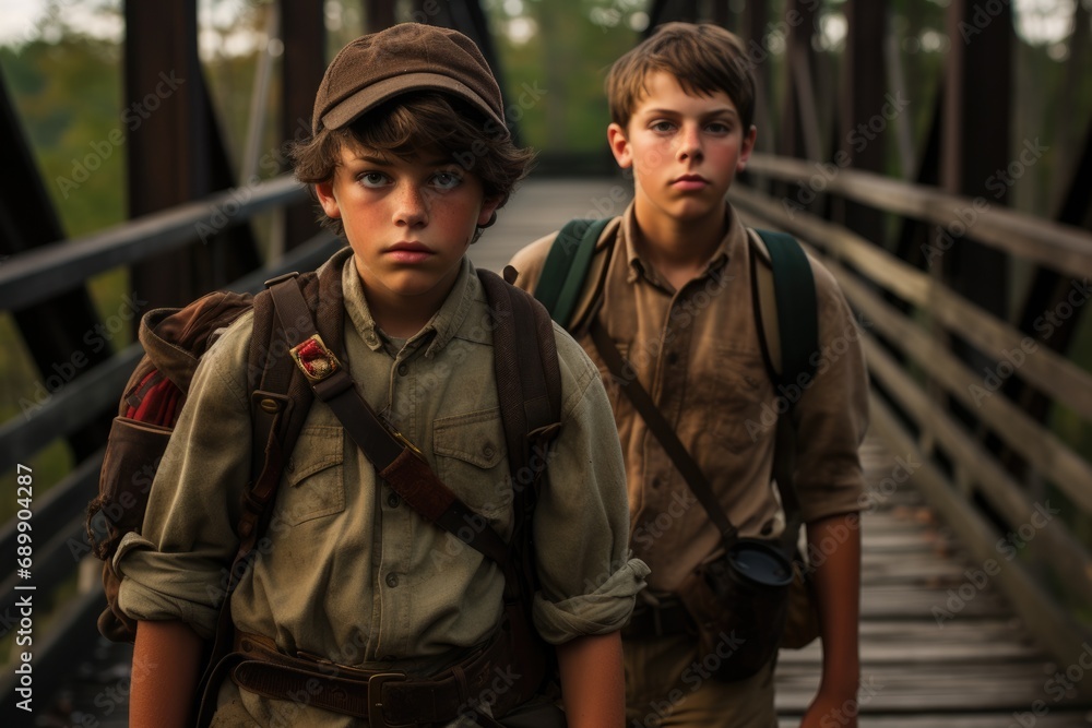 Fototapeta premium International Boy Scout Day Concept. Two boys with backpacks on a wooden bridge in the forest