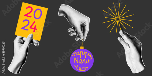 Halftone collage set of elements on a dark background, palm gestures. A hand holds a sparkler, a hand with a card and a hand with a Christmas ball.