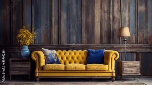A rustic, old-style interior with minimal decor featuring a distressed wooden wall in shades of navy and goldenrod.