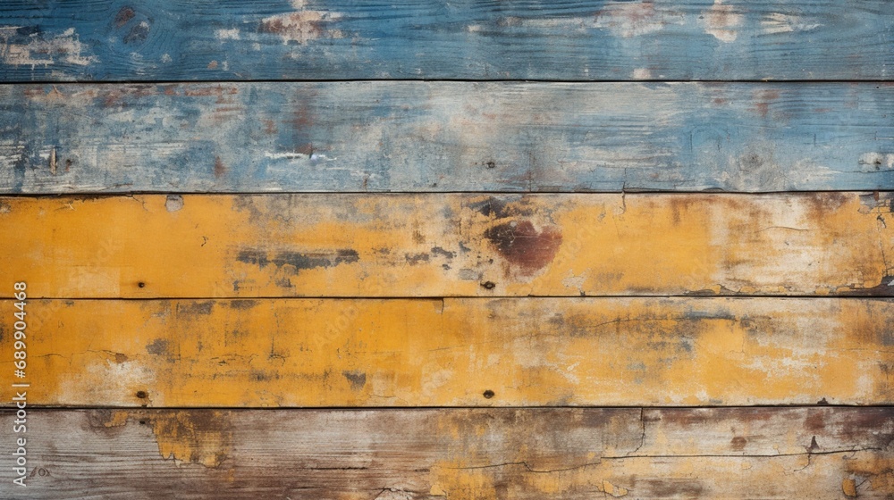 A weathered wooden wall adorned with faded blue and mustard yellow paint, exuding a vintage charm.