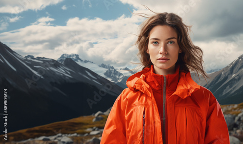 Portrait of a beautiful young woman in orange jacket on the background of mountains