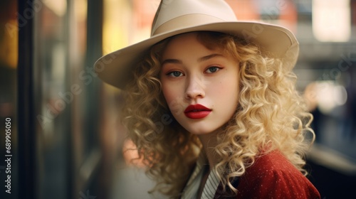 Photorealistic Teen Chinese Woman with Blond Curly Hair Vintage Illustration. Portrait of a person wearing hat, retro 20s movie style. Retro fashion. Ai Generated Horizontal Illustration.