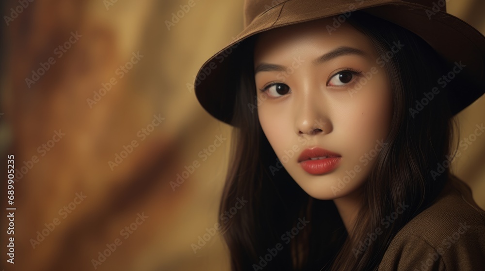 Photorealistic Teen Chinese Woman with Brown Straight Hair Vintage Illustration. Portrait of a person wearing hat, retro 20s movie style. Retro fashion. Ai Generated Horizontal Illustration. Photorealistic Teen Chinese Woman with Brown Straight Hair Vintage Illustration. Portrait of a person wearing hat, retro 20s movie style. Retro fashion. Ai Generated Horizontal Illustration.