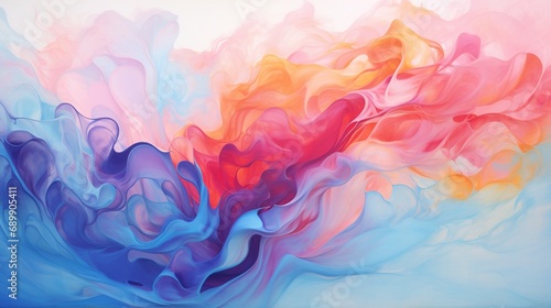 Captivating swirls of multicolor fluid paint create an enchanting abstract background that's both dynamic and soothing. The interplay of vibrant hues forms a mesmerizing visual symphony.