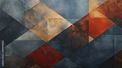 An abstract backdrop gracefully transitioning from black to dark blue, gray, copper, and red. Geometric designs and textured layers.