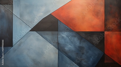 An abstract canvas transitioning from black to dark blue, gray, copper, and red. Geometric designs and textures.