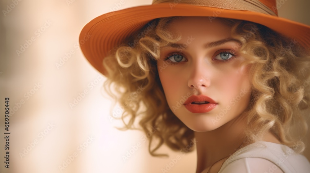 Photorealistic Teen Latino Woman with Blond Curly Hair Vintage Illustration. Portrait of a person wearing hat, retro 20s movie style. Retro fashion. Ai Generated Horizontal Illustration. Photorealistic Teen Latino Woman with Blond Curly Hair Vintage Illustration. Portrait of a person wearing hat, retro 20s movie style. Retro fashion. Ai Generated Horizontal Illustration.