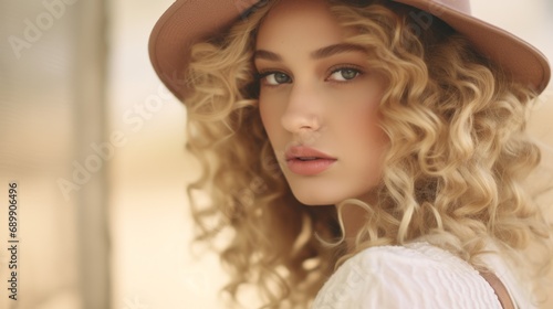 Photorealistic Teen Latino Woman with Blond Curly Hair Vintage Illustration. Portrait of a person wearing hat, retro 20s movie style. Retro fashion. Ai Generated Horizontal Illustration.