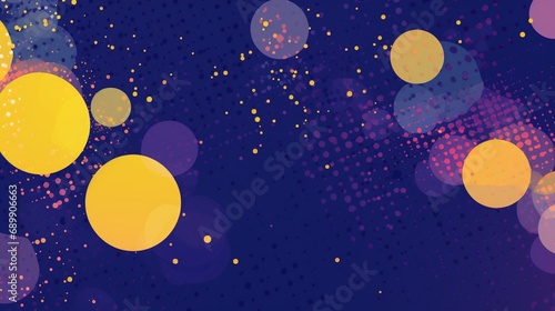 dynamic world of halftone patterns. Yellow and white dots mingle with shades of purple and green, all set against a dark blue gradient grunge texture background. A mesmerizing pop art spectacle.