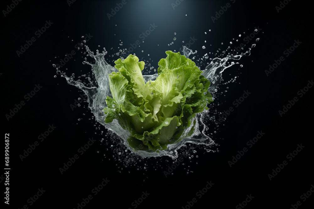 Horizontal Banner with Fresh Crispy and Crunchy Romaine Lettuce in a Shape of Heart dropping in the water with splashes on a black background. Studio shot of Healthy Green Salad. For Advertisement Horizontal Banner with Fresh Crispy and Crunchy Romaine Lettuce in a Shape of Heart dropping in the water with splashes on a black background. Studio shot of Healthy Green Salad. For Advertisement