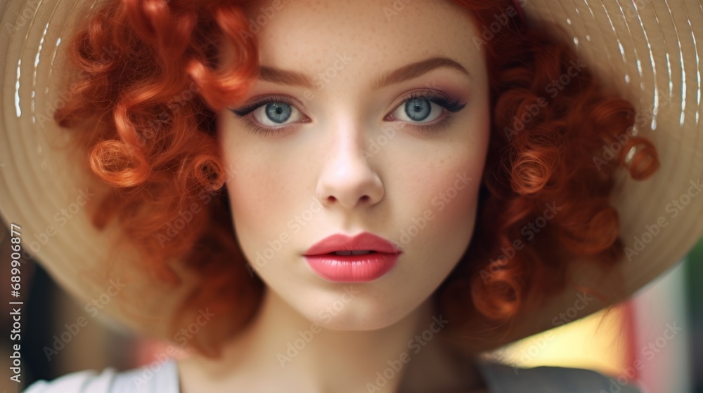 Photorealistic Teen Latino Woman with Red Curly Hair Vintage Illustration. Portrait of a person wearing hat, retro 20s movie style. Retro fashion. Ai Generated Horizontal Illustration.