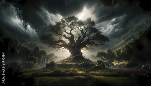 Fotografia Ominous Vigil: The Tree of Knowledge of Good and Evil in Eden's Twilight