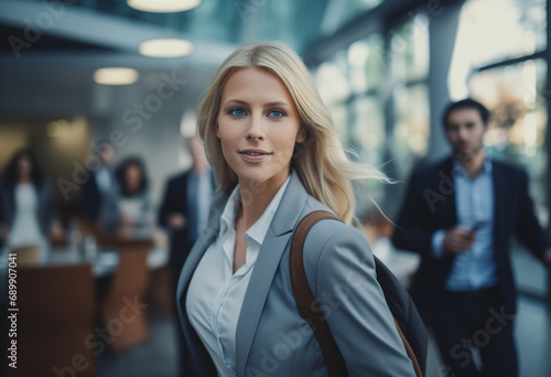 Morning rush: Confident businesswoman in hurry with business people blurred in background. Blonde businesswoman wearing suit and bag on shoulder.