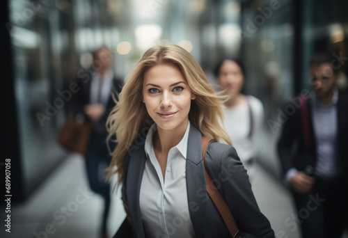 Morning rush: Confident businesswoman in hurry with business people blurred in background. Blonde businesswoman wearing suit and bag on shoulder. © kdcreativeaivisions