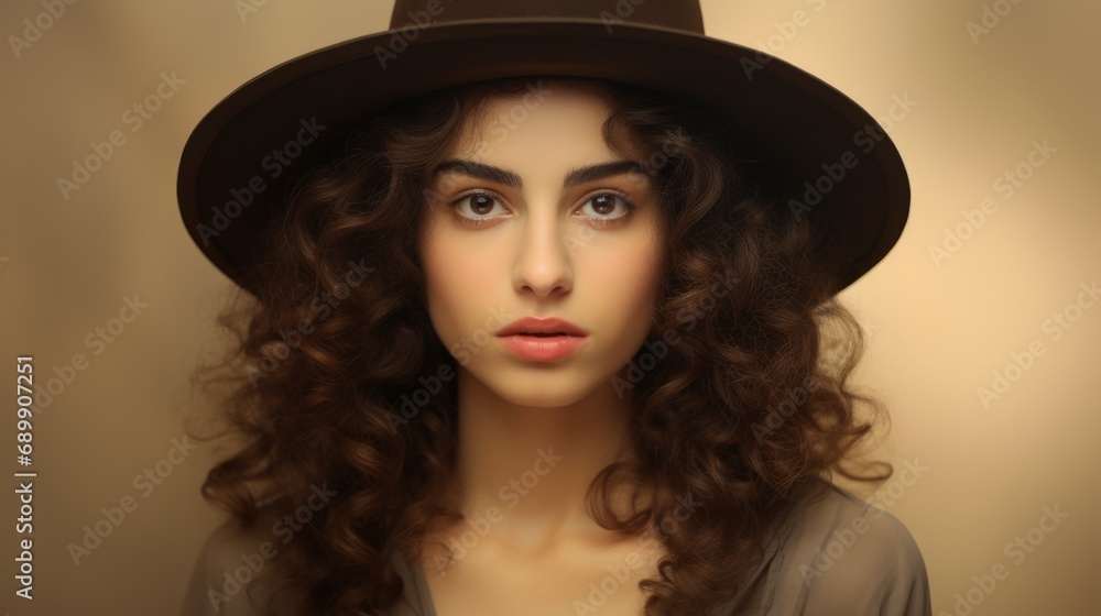 Photorealistic Teen Persian Woman with Brown Curly Hair Vintage Illustration. Portrait of a person wearing hat, retro 20s movie style. Retro fashion. Ai Generated Horizontal Illustration. Photorealistic Teen Persian Woman with Brown Curly Hair Vintage Illustration. Portrait of a person wearing hat, retro 20s movie style. Retro fashion. Ai Generated Horizontal Illustration.