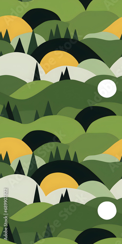 Seamless Pattern with minimalistic green hills and trees  forest in flat minimalistic style. Hand drawn repeating Background oil painting of trees and hills. For graphic design  card  postcard