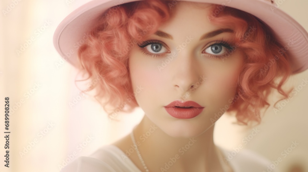Photorealistic Teen White Woman with Pink Curly Hair Vintage Illustration. Portrait of a person wearing hat, retro 20s movie style. Retro fashion. Ai Generated Horizontal Illustration. Photorealistic Teen White Woman with Pink Curly Hair Vintage Illustration. Portrait of a person wearing hat, retro 20s movie style. Retro fashion. Ai Generated Horizontal Illustration.