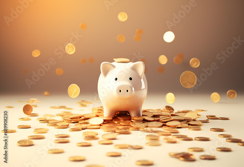 Coins falling to white piggy saving , Financial and money deposit