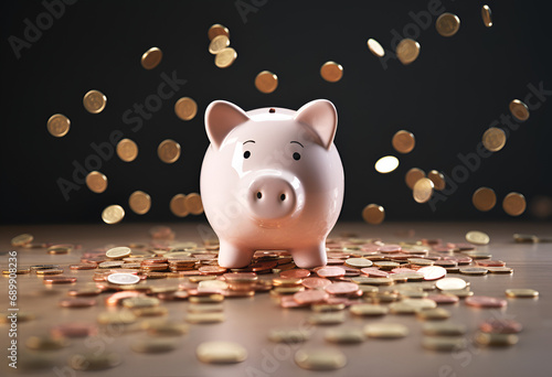 Coins falling to white piggy saving , Financial and money deposit