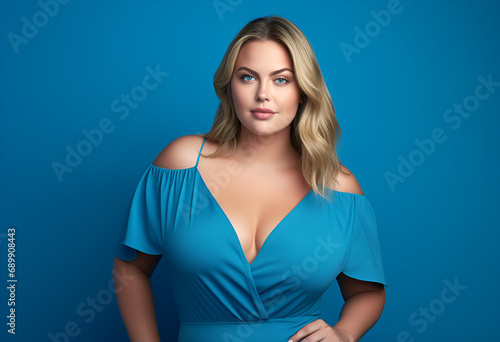 confident and calm beautiful happy blonde woman plus size model posing on blue background