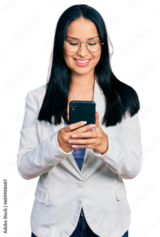 Beautiful hispanic woman with nose piercing using smartphone typing message smiling with a happy and cool smile on face. showing teeth. Beautiful hispanic woman with nose piercing using smartphone typing message smiling with a happy and cool smile on face. showing teeth.