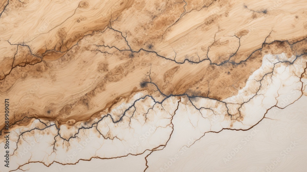 Fototapeta premium Beige Marble with Wooden Walnut Horizontal Background. Abstract stone texture with Veins and cracks. Bright natural material aged cracked surface. AI Generated photorealistic Illustration.