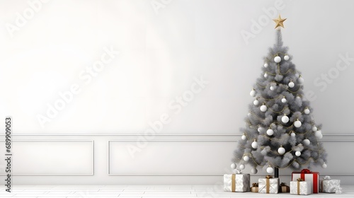 Living room interior wall mock up with white armchari and decorated christmas tree on empty white background. © Ziyan
