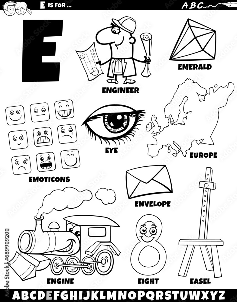 Fototapeta premium Letter E set with cartoon objects and characters coloring page