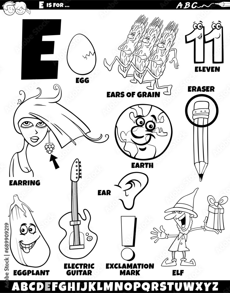 Obraz premium Letter E set with cartoon objects and characters coloring page
